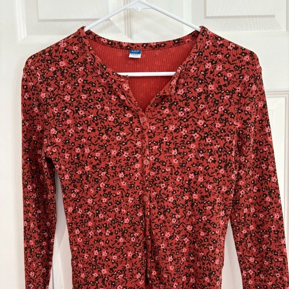 Old Navy Girl Fitted Ribbed Burgundy Black Floral Button-Up Top Sz XL 14/16